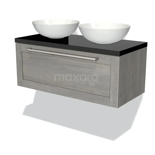 Grau schwebendes Badmöbel mit zwei weißen Aufsatzwaschbecken, schwarzer Platte und metallischem Griff, ideal für moderne Bäder.