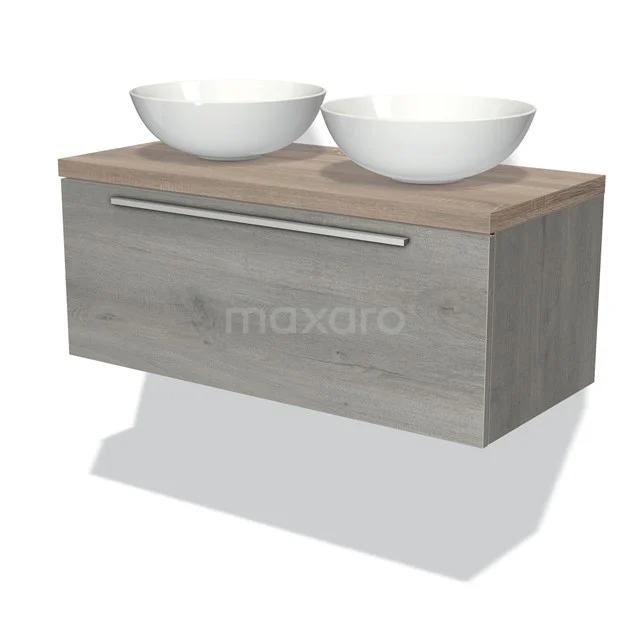 Holz-Badmöbel mit doppeltem Aufsatzwaschbecken, graue Eiche-Optik, Wandmontage, modernes Design für stilvolle Badezimmergestaltung.