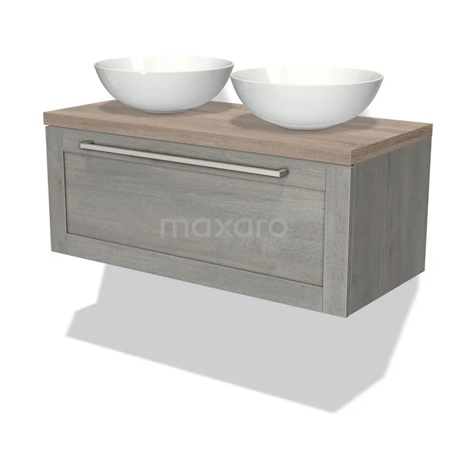 Holz-Waschtisch Grau mit Schublade und doppelten weißen Aufsatzwaschbecken, ideal für ein modernes Badezimmer.