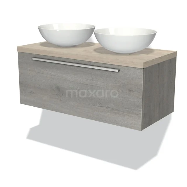 Badmöbel für Waschtischunterschrank mit Konsole 100cm Modulo Plato Grau Eiche 1 Schublade Flach hellgraue Eiche Platte BMK11-01651 Hölzernes Badezimmermöbel mit grainer Holzmaserung, doppelten weißen Aufsatzwaschbecken und chromfarbigen Griff, stilvolles und modernes Design.