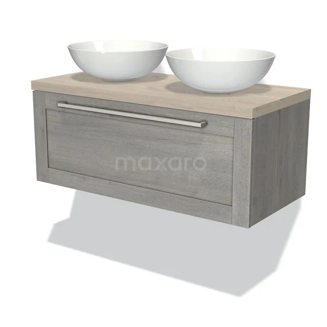 Wooden grey bathroom cabinet with 2 round white countertop wash basins, modern hanging design with sturdy metal handle.