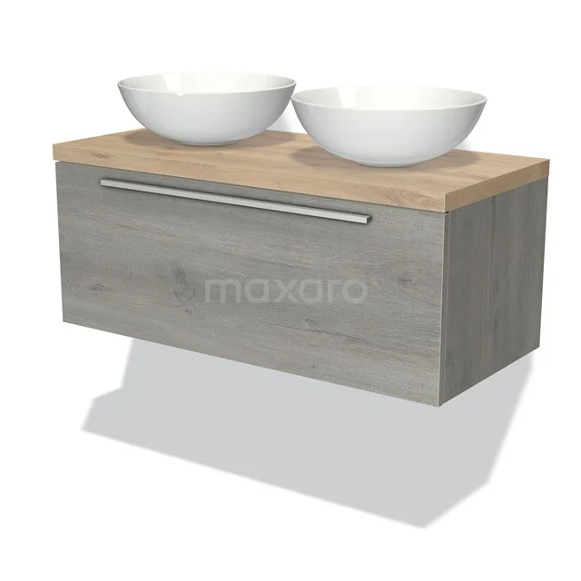 Hölzernes Badezimmermöbel mit grauem Schublade, doppelten weißen Aufsatzwaschbecken und Chrom Haltegriff; modernes und praktisches Design.