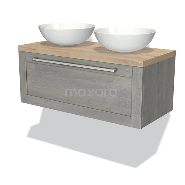 Wooden bathroom unit grey oak with two white ceramic countertop wash basins, modern design and practical storage drawer.