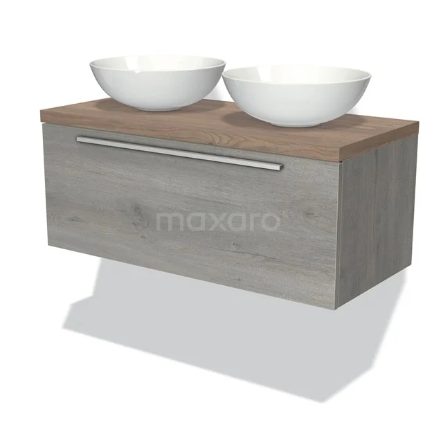 Modulo Plato Badmöbel mit Aufsatzwaschbecken | 100 cm Graue Eiche Flach front Mittelbraune Eiche blatt 1 Schublade BMK11-01655 Hölzernes Badezimmermöbel mit Naturlook und zwei weißen Aufsatzwaschbecken, geeignet für moderne Badezimmer Einrichtung.