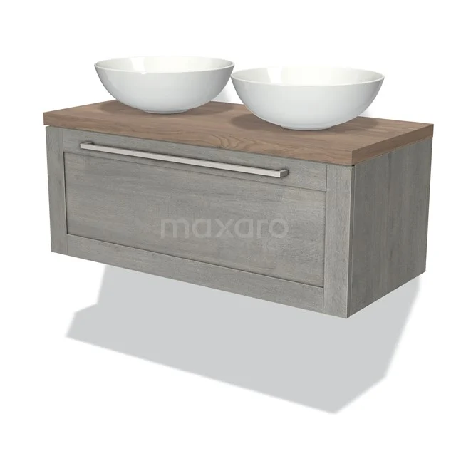 Modulo Plato Badmöbel mit Aufsatzwaschbecken | 100 cm Graue Eiche Rahmen front Mittelbraune Eiche blatt 1 Schublade BMK11-01656 Hölzernes Badezimmermöbel mit grauem Schublade, zwei weißen Aufsatzwaschbecken und metallischem Haltegriff; modernes Design für stilvolle Bäder.