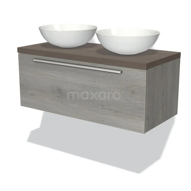 Modulo Plato Badmöbel mit Aufsatzwaschbecken | 100 cm Graue Eiche Flach front Dunkelbraune Eiche blatt 1 Schublade BMK11-01657 Hölzernes Badezimmermöbel mit zwei weißen Aufsatzwaschbecken, hängendem Design, grauem Schrank und metallischem Haltegriff. Perfekt für moderne Bäder.