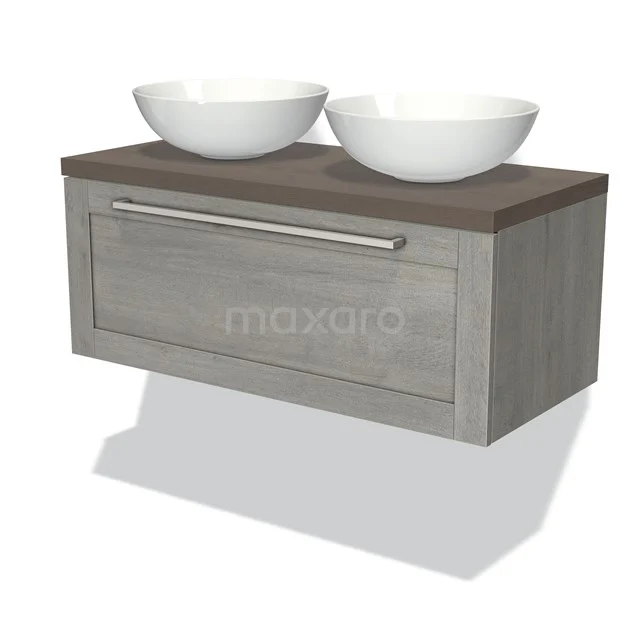 Grey hanging bathroom unit with wood look, double white vanity units for countertop wash basins and sleek metal handle for modern bathrooms.