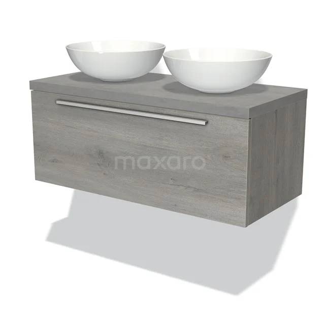 Holz-Waschtisch mit grauer Holzoptik, zwei weißen Aufsatzwaschbecken und verchromtem Haltegriff, perfekt für ein modernes Badezimmer.