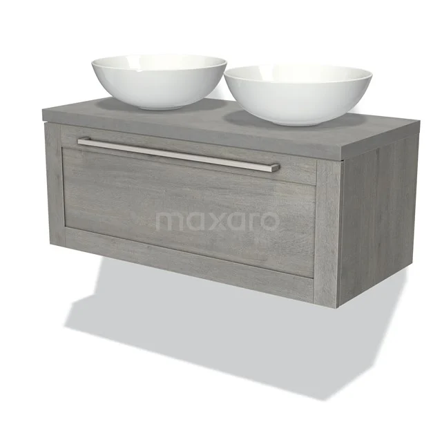 Grey wooden bathroom unit with drawers, including two white round vanity units for countertop wash basins, sleek design for a modern bathroom style.