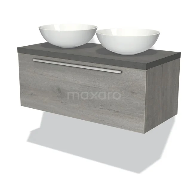 Holz Badezimmermöbel mit grauen Waschbecken, moderne Schublade mit silbernem Griff, ideal für stilvolle Badezimmergestaltung.