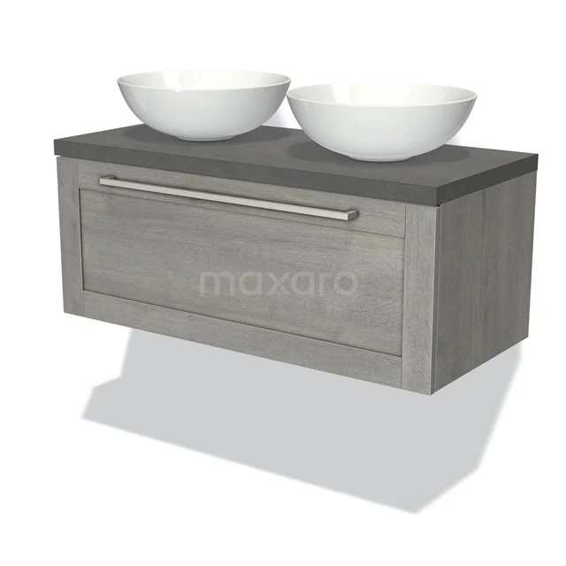 Wooden grey bathroom furniture set with natural stone worktop and two white countertop wash basins, modern and sleek design.