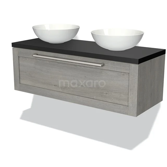 Modulo Plato Badmöbel mit Aufsatzwaschbecken | 120 cm Graue Eiche Rahmen front Matt Schwarz blatt 1 Schublade BMK11-01664 Holz-Badmöbel mit hellgrauer Holzoptik, schwarzer Platte und doppelten runden Waschbecken für einen modernen Badezimmerstil.