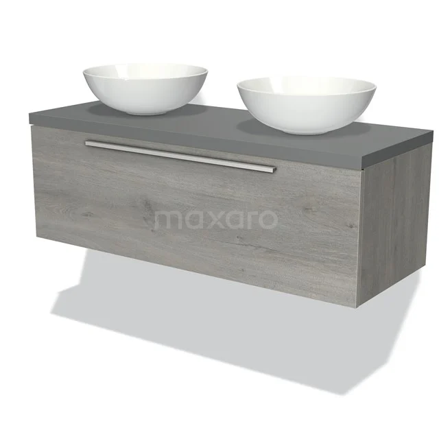 Hölzernes Badezimmermöbel mit grauer Platte und doppelten weißen Aufsatzwaschbecken, modernes Design mit praktischer Schublade.