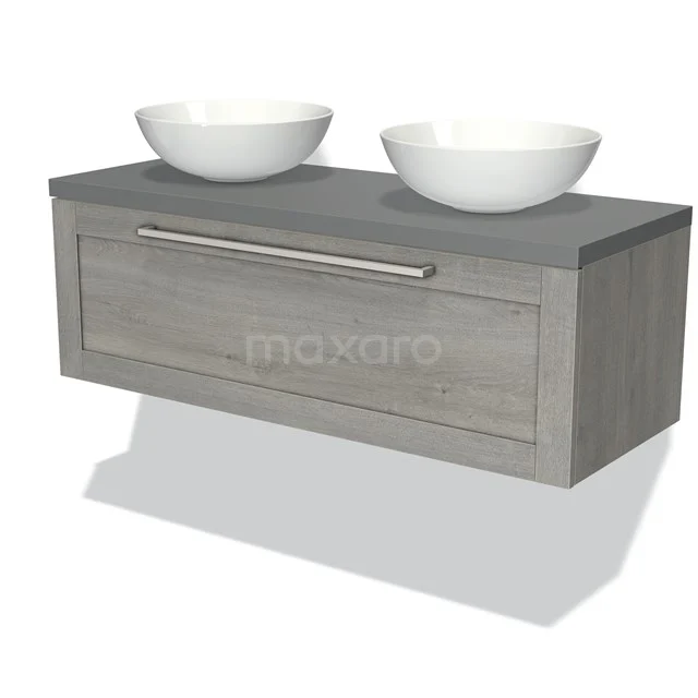 Modulo Plato Vanity units for countertop basin | 120 cm Grey oak Frame front Mid grey worktop 1 drawer BMK11-01666 Wooden bathroom unit in grey colour with double countertop wash basin design, modern floating model for stylish bathrooms.