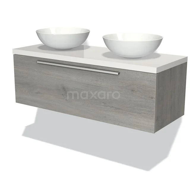 Wooden bathroom unit with grey veneer, double white vanity units for countertop wash basins and sleek metal handle, ideal for modern bathrooms.
