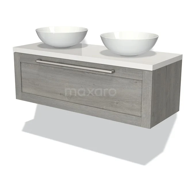 Grey wooden bathroom unit with white double vanity units for countertop wash basins, modern design, ideal for stylish bathroom design.