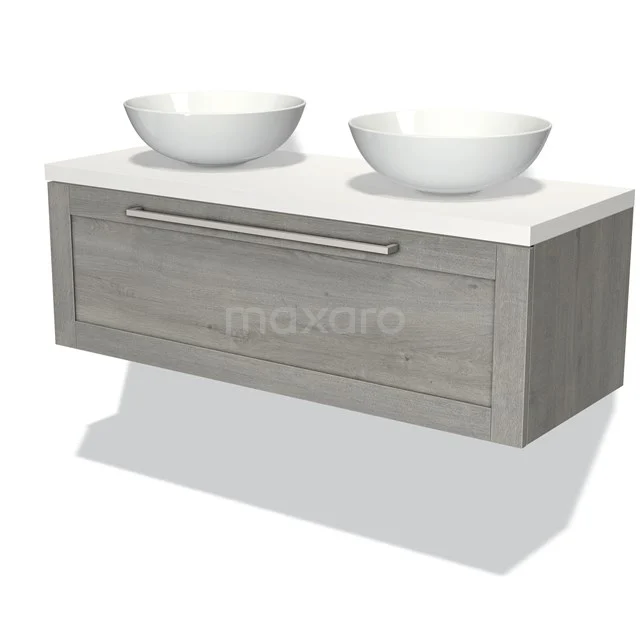 Modulo Plato Badmöbel mit Aufsatzwaschbecken | 120 cm Graue Eiche Rahmen front Matt Weiß blatt 1 Schublade BMK11-01670 Graue Eichen Badezimmermöbel mit doppelten komförmigen Waschbecken und chromfarbener Haltegriff, modernes und stilvolles Design.