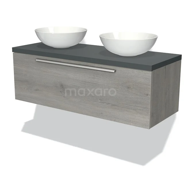 Wooden bathroom unit with grey worktop and two white countertop wash basins, modern wall unit with metal handle.
