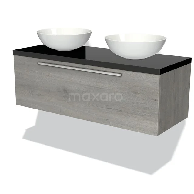 Wooden bathroom unit with two white top washbasins and black glass top, modern design from the Nordic series.