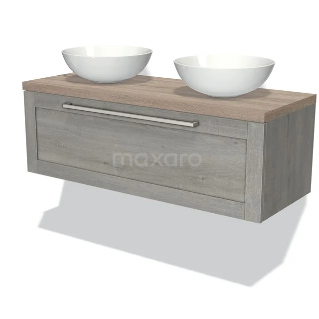 Modulo Plato Vanity units for countertop basin | 120 cm Grey oak Frame front Oak worktop 1 drawer BMK11-01676 Wooden bathroom unit with grey drawers and double white countertop wash basin, suitable for modern and stylish bathroom design.