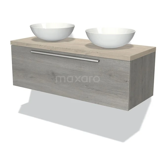 Modulo Plato Vanity units for countertop basin | 120 cm Grey oak Flat front Light grey oak worktop 1 drawer BMK11-01677 Wooden bathroom unit with two white ceramic countertop wash basins, sleek design and metal handle, ideal for modern bathrooms.