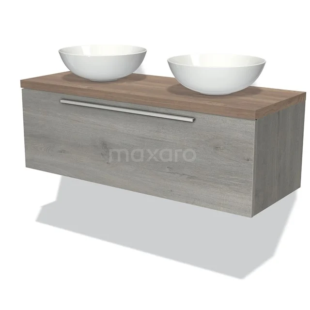 Holz-Badmöbel mit grauem Schubladen-Front und zwei weißen keramischen Aufsatzwaschbecken, geeignet für moderne Bäder.