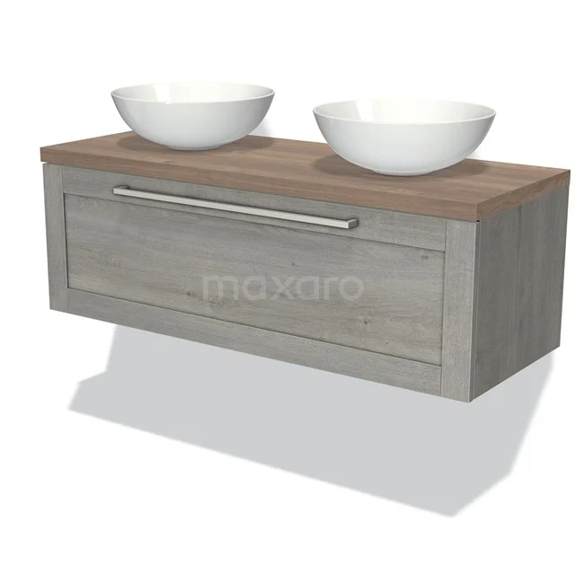 Holz-Badmöbel mit grauem Schubladenschrank, zwei weißen Aufsatzwaschbecken und verchromtem Haltegriff, geeignet für moderne Bäder.