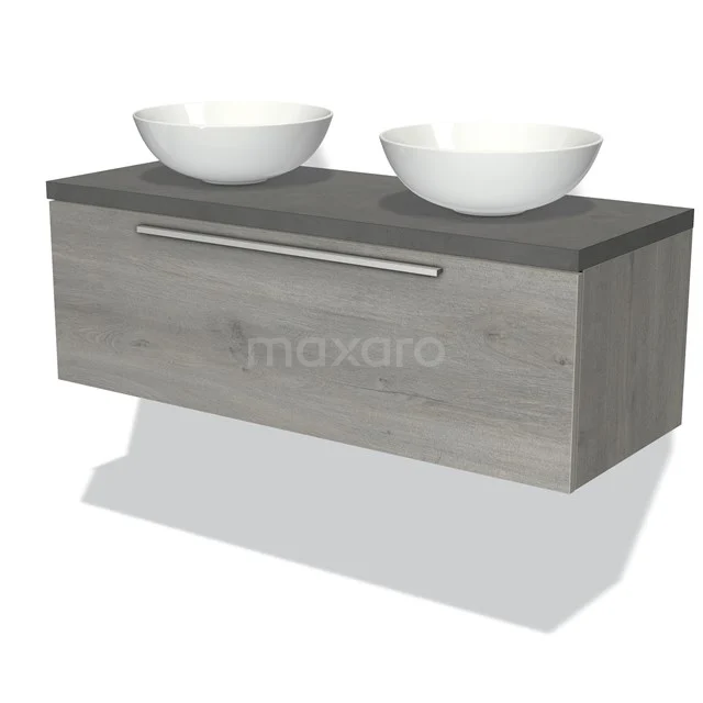 Modulo Plato Vanity units for countertop basin | 120 cm Grey oak Flat front Dark grey concrete worktop 1 drawer BMK11-01687 Grey bathroom furniture set with two white countertop wash basins, wood-look design, modern and stylish, perfect for luxury bathroom decor.
