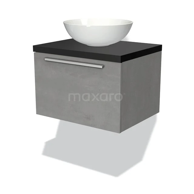 Badmöbel für Waschtischunterschrank mit Konsole 60cm Modulo Plato hellgrauer Beton 1 Schublade flach Matt Schwarz Platte BMK11-01689 Graues hängendes Waschtischmöbel mit Betonlook, schwarzer Oberplatte und weißem Aufsatzwaschbecken, modernes Badezimmerdesign.