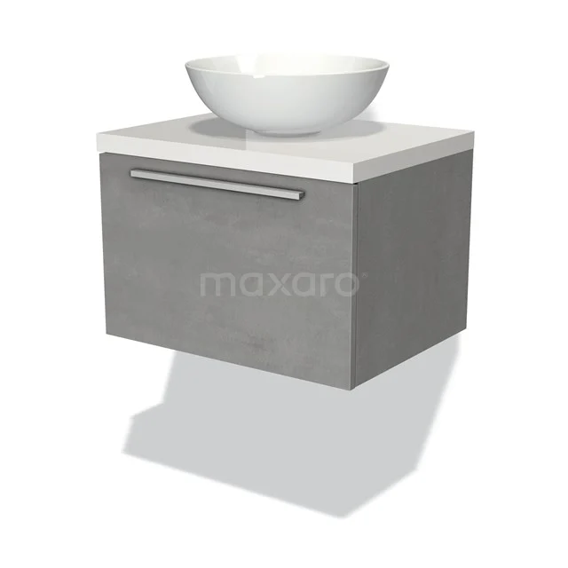 Grauer hängender Badschrank mit Betonlook, weißer Platte und rundem Aufsatzwaschbecken; modernes Design, ideal für einen klaren Badezimmerstil.