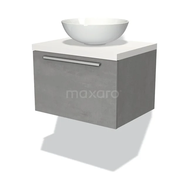 Badmöbel für Waschtischunterschrank mit Konsole 60cm Modulo Plato hellgrauer Beton 1 Schublade flach Matt Weiß Platte BMK11-01692 Graues Holz-Waschtischmöbel mit Schublade und weißem Keramik-Aufsatzwaschbecken, modernes Design für ein stilvolles Badezimmer.