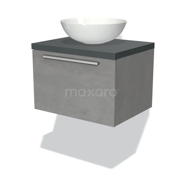 Grauer Waschbeckenunterschrank mit Betonlook, integrierter Schublade und weißem runden Aufsatzwaschbecken, perfekt für ein modernes Badezimmer.