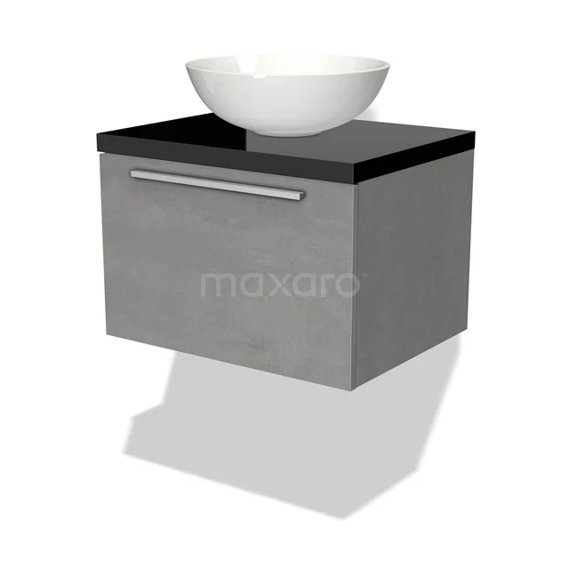 Graue Badmöbelset mit weißem keramischen Aufsatzwaschbecken und schwarzer Glasplatte, modernes Design.