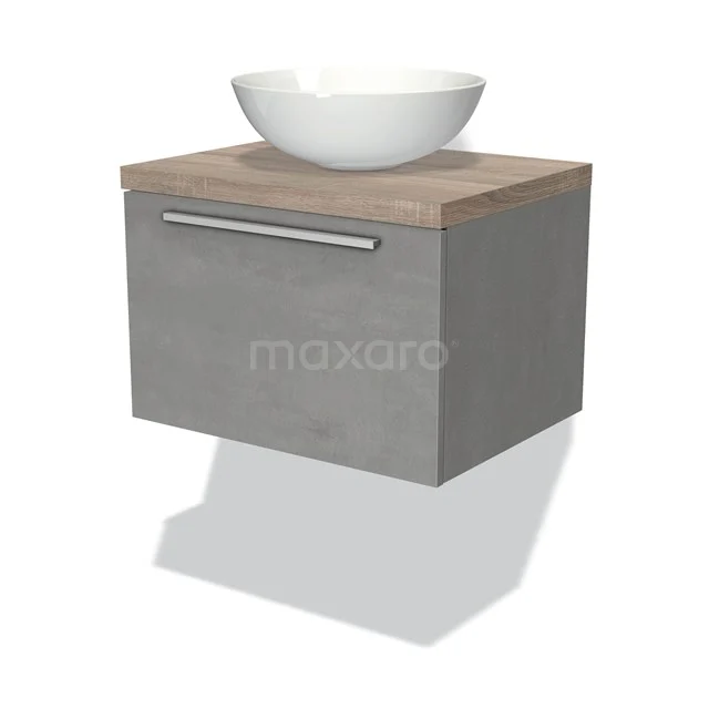 Grauer hängender Badschrank mit Betonlook, Holzplatte und weißem schalenförmigen Waschbecken. Perfekt für moderne Bäder.