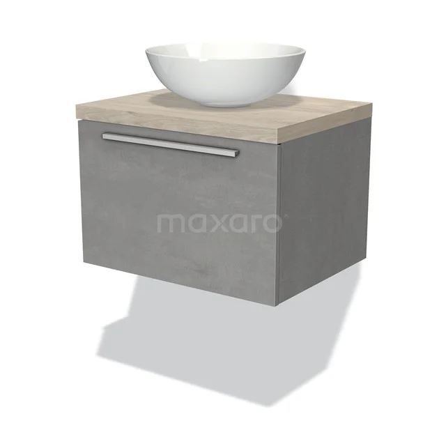 Graue Badmöbelset mit Betoneffekt, Holzregal und modernem Design-Aufsatzwaschbecken. Perfekt für ein stilvolles Badezimmer.