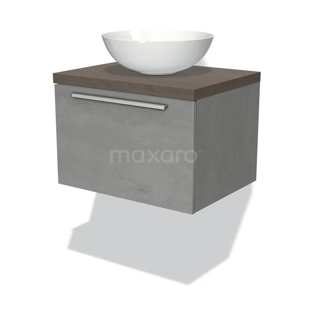 Modulo Plato Badmöbel mit Aufsatzwaschbecken | 60 cm Hellgrauer Beton Flach front Dunkelbraune Eiche blatt 1 Schublade BMK11-01699 Graue Waschbeckenunterschrank mit Holzoptik Platte und weißem Aufsatzwaschbecken, kompaktes schwebendes Badezimmermöbel mit modernem Design.