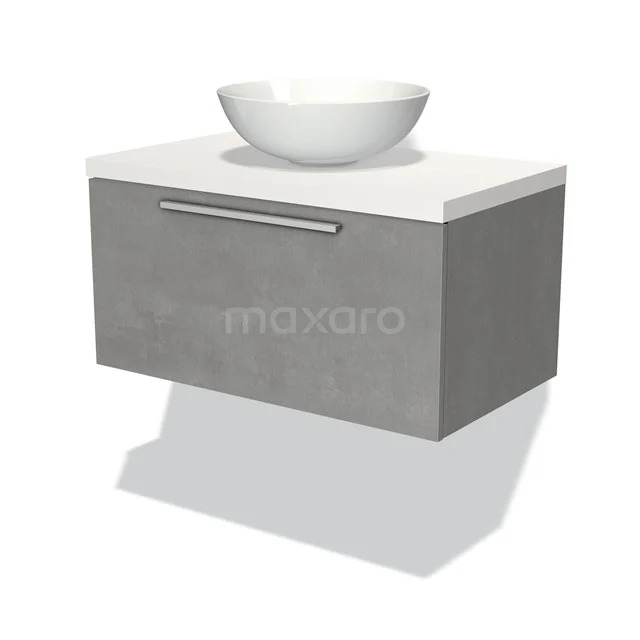 Grau Wandmöbel mit Betonlook, weißer Platte und schalenförmigem Waschbecken; modernes Badezimmerdesign.