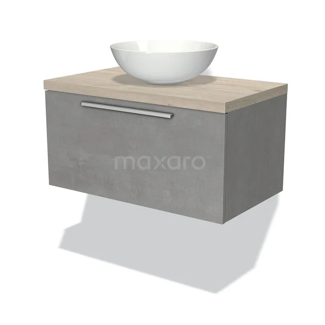 Badmöbel für Waschtischunterschrank mit Konsole 80cm Modulo Plato hellgrauer Beton 1 Schublade Flach hellgraue Eiche Platte BMK11-01709 Modernes Waschtisch, Grau Betonlook mit Holzfurnierplatte, einschließlich runder weißer keramischer Aufsatzwaschbecken, ideal für stilvolle Bäder.