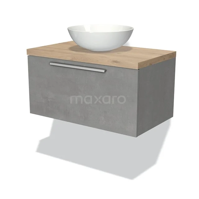 Badmöbel für Waschtischunterschrank mit Konsole 80cm Modulo Plato hellgrauer Beton 1 Schublade flach hellbraune Eiche Platte BMK11-01710 Graue Badmöbelset mit Holzoptik-Oberfläche, keramischem Aufsatzwaschbecken und metallischem Haltegriff. Modernes Badezimmerdesign.