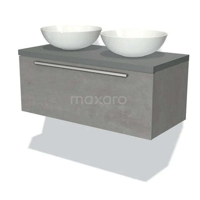 Badmöbel für Waschtischunterschrank mit Konsole 100cm Modulo Plato hellgrauer Beton 1 Schublade flach Mittelgrau Platte BMK11-01716 Grauer hängender Badschrank mit Betonlook, doppelten weißen Aufsatzwaschbecken und metallischem Haltegriff für einen modernen Badezimmerstil.