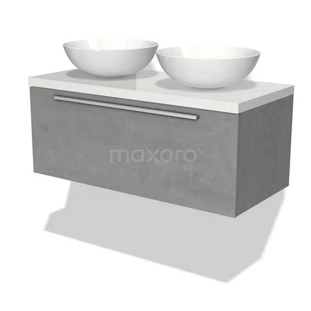 Grauer Badschrank mit Doppelwaschbecken, moderne Betonoptik, ausgestattet mit silberfarbener Haltegriff und schlankem, schwebendem Design.