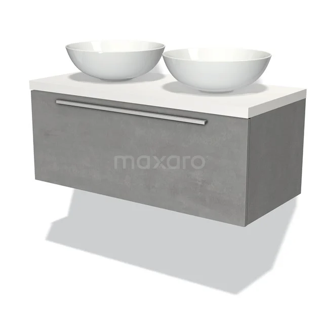 Modulo Plato Badmöbel mit Aufsatzwaschbecken | 100 cm Hellgrauer Beton Flach front Matt Weiß blatt 1 Schublade BMK11-01718 Graues wandmontiertes Badezimmermöbel mit doppelten weißen Aufsatzwaschbecken, modernem Design und rostfreiem Haltegriff.