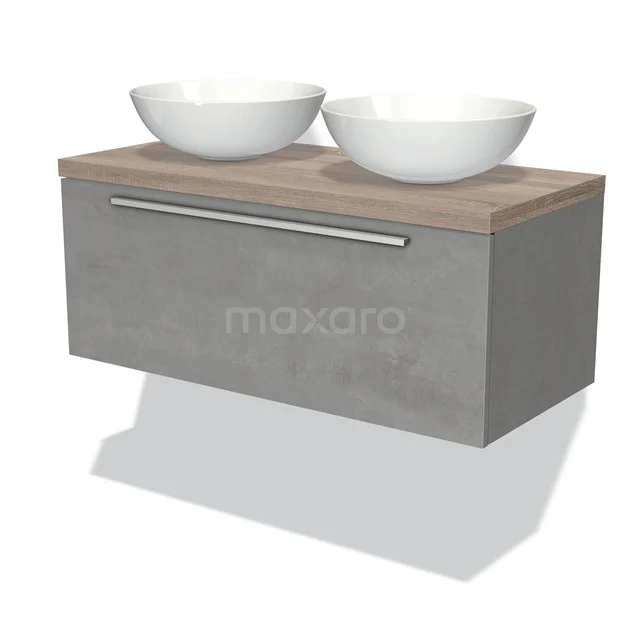 Graue Badmöbelset mit Holzoptik Platte, doppelten weißen Aufsatzwaschbecken und metallischem Haltegriff. Modernes Design für jedes Badezimmer.