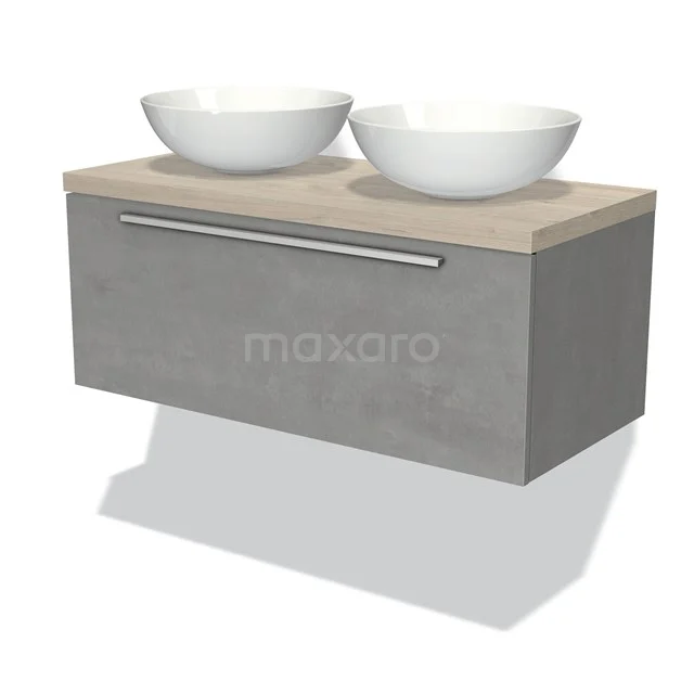 Modulo Plato Badmöbel mit Aufsatzwaschbecken | 100 cm Hellgrauer Beton Flach front Hellgraue Eiche blatt 1 Schublade BMK11-01722 Beton Badezimmermöbel mit Holzlook Platte, doppelte weiße Aufsatzwaschbecken und schlichte metallene Haltegriff, modernes Design.