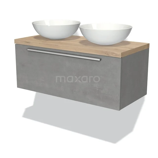 Graue schwebende Badmöbelset mit Holzplatte, zwei weißen Aufsatzwaschbecken und chromfarbigen Griff, ideal für ein modernes Badezimmer.