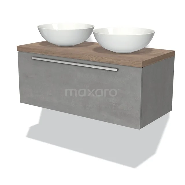 Graue hängende Waschbeckenunterschrank mit Holzoptik Platte, zwei weißen Aufsatzwaschbecken, perfekte Kombination für ein modernes Badezimmer.