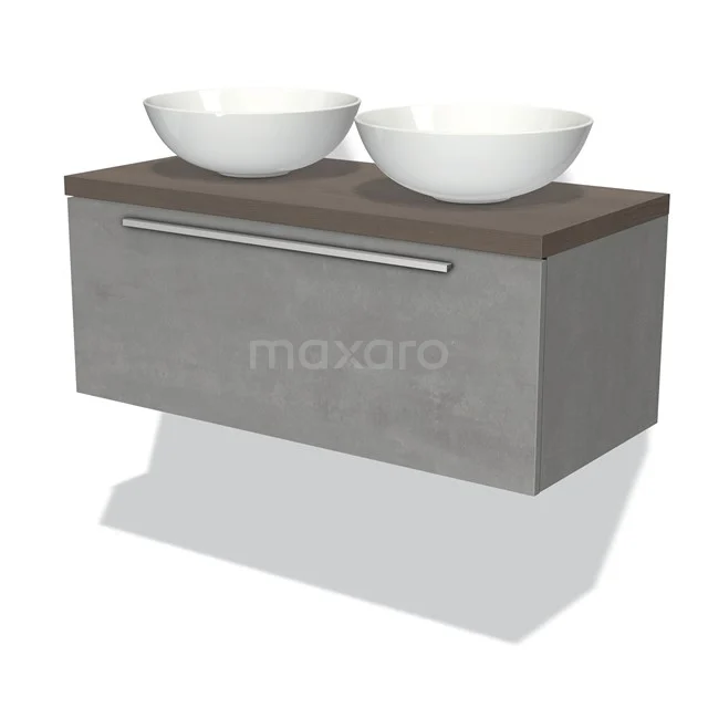 Modulo Plato Vanity units for countertop basin | 100 cm Light grey concrete Flat front Dark brown oak worktop 1 drawer BMK11-01725