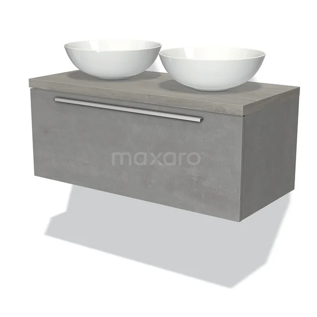 Badmöbel für Aufsatzwaschbecken 100cm Modulo Plato Hellgrauer Beton 1 Schubladen Flach Graue Eiche Platte BMK11-01726 Graue Badmöbelset mit Doppelwaschbecken aus Keramik, stilvolles hängendes Design und eine moderne, minimalistische Ausführung.