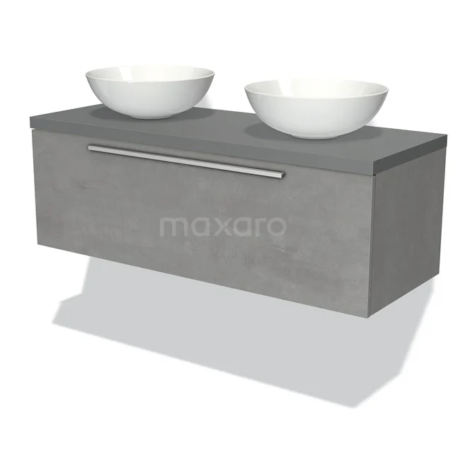 Graue Badmöbelset mit doppelten Aufsatzwaschbecken, Modern Line Serie, schlankes Design mit Betonlook und metallischem Haltegriff.