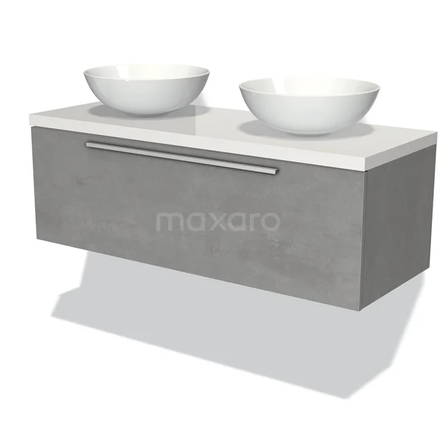 Grey floating bathroom furniture set with concrete effect, white double basin and chrome handle. Perfect for modern bathrooms.